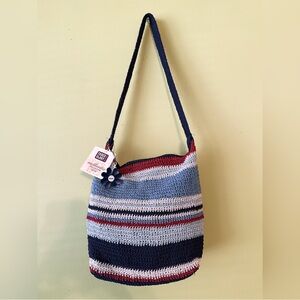 Vintage Faded Glory Blue Red White Stripe Knit Crochet Woven Shoulder Bag